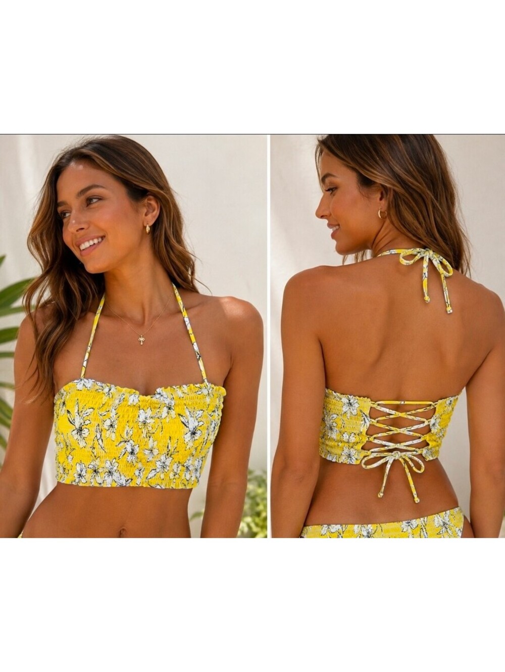 Decree Women’s XL Lemon Candy Floral Smocked Swim Top NWT Removable Straps